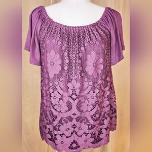 Y2K Eyeshadow "Purplish-pink" Short Sleeve Blouse With A Floral Lace Fro…